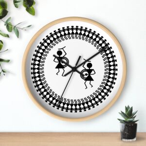 Warli Indian Folk Art 10 inch Wall Clock — Black & White Tribal Dance
